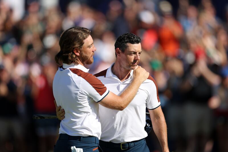 Europe's Rory McIlroy (right) and Tommy Fleetwood after winning their Saturday foursome match at the 2023 Ryder Cup in Rome. Photograph: Naomi Baker/Getty Images