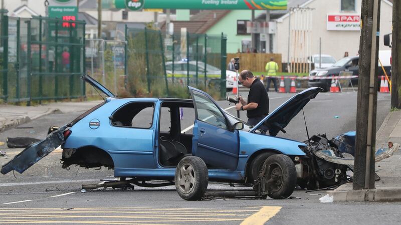 Gardaí at the scene of a road incident where two people died and three were injured in Eastend, Bundoran, Co Donegal,. Photograph: Niall Carson/PA Wire