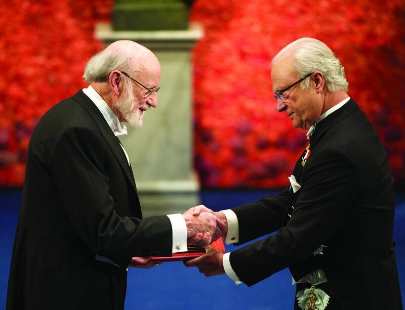 Prof William Campbell receiving the Nobel medal from King Carl XVI Gustaf in Stockholm in December 2015