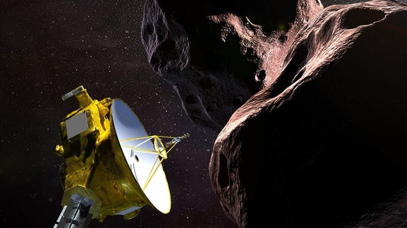 This artist’s illustration shows the New Horizons spacecraft encountering 2014 MU69 nicknamed Ultima Thule a Kuiper Belt object that orbits one billion miles beyond Pluto.