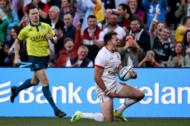 Ulster's Jacob Stockdale celebrates after scoring his side's second try against Leinster at Kingspan Stadium in Belfast. Photograph: Ben Brady/Inpho 