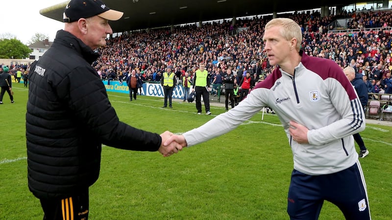Kilkenny manager Brian Cody stares pointedly at Galway manager Henry Shefflin while shaking hands after their encounter in 2022. Photograph: Inpho