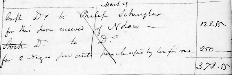An entry in Alexander Hamilton’s cash book from March 23rd, 1793, listing a payment to Philip Schuyler, his father-in-law, for “2 Negro servants purchased by him for me”. Photograph: US Library of Congress An entry in Alexander Hamilton’s cash book from March 23rd, 1793, listing a payment to Philip Schuyler, his father-in-law, for  "2 Negro servants purchased by him for me". Photograph: US Library of Congress