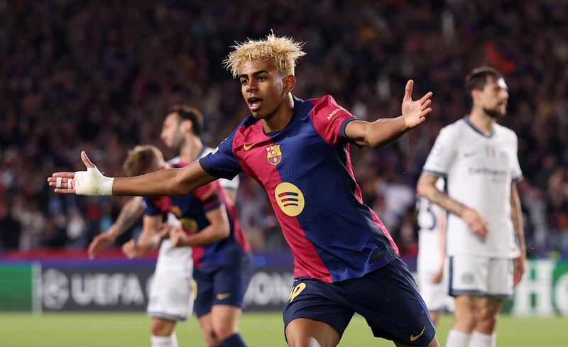 Lamine Yamal celebrates scoring his team's first goal during the Champions League semi-final at the the Barcelona Olympic Stadium. Photograph: Carl Recine/Getty Images