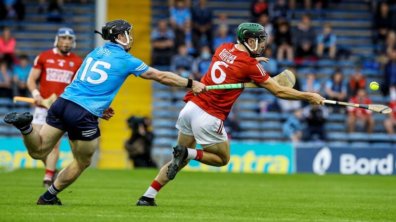 Dublin’s Cian O’Sullivan challenges Mark Coleman of Cork during the All-Ireland hurling quarter-final at Semple Stadium. Photograph: Lorraine O’Sullivan/Inpho
