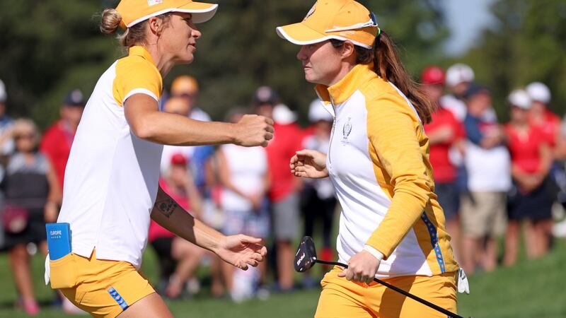 Mel Reid and Leona Maguire celebrate a foursomes win against the USA. Photograph: Gregory Shamus/Getty