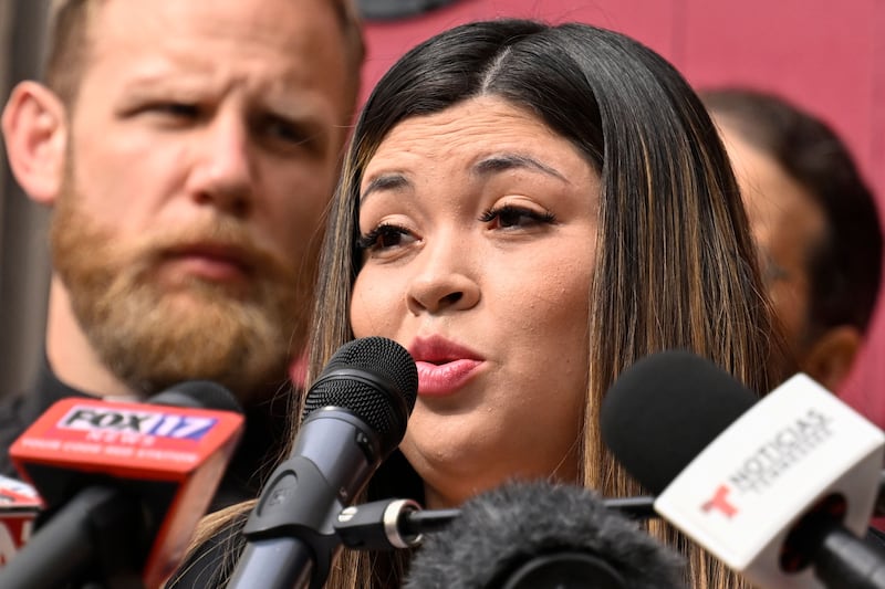 Jennifer Vasquez Sura, wife of Kilmar Abrego Garcia, speaks to the media before a hearing for Mr Abrego Garcia in Nashville, Tennessee, on Friday. Photograph: EPA