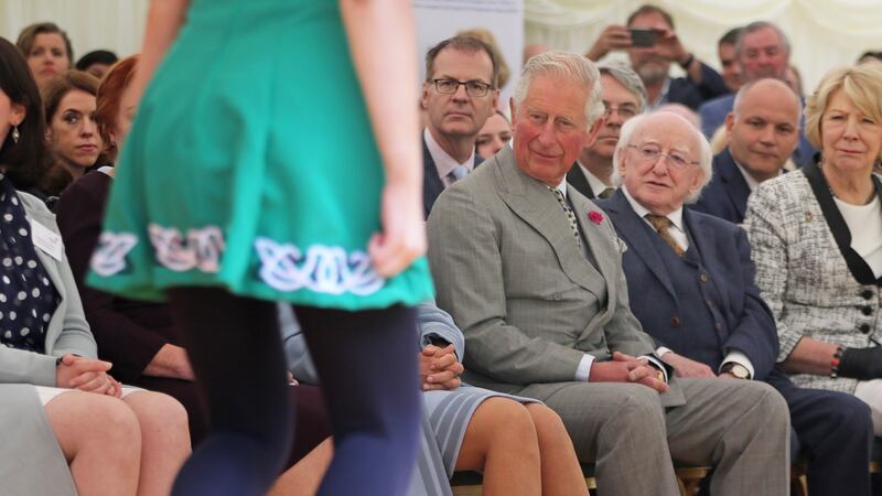 President  Michael D Higgins and the Prince of Wales watch members of the Celtic Flair Irish Dance Troupe at the Glencree Centre for Peace & Reconciliation in Co Wicklow. Photograph: Nick Bradshaw