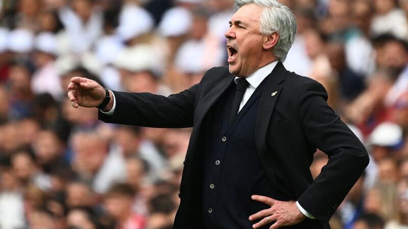 Real Madrid manager Carlo Ancelotti gestures during the La Liga game against  Espanyol at Estadio Santiago Bernabeu. Photograph: Gabriel Bouys//AFP via Getty Images