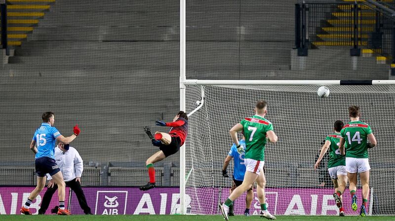 Dublin’s Dean Rock scores the opening goal against Mayo in the All-Ireland SFC Final at Croke Park. Photograph: Tommy Dickson/Inpho
