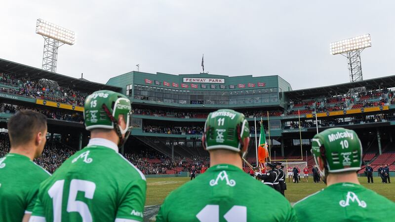 Limerick players stand for the national anthem before the Fenway  Classic  final match against Cork  at Fenway Park. Photograph: Piaras Ó Mídheach/Sportsfile.