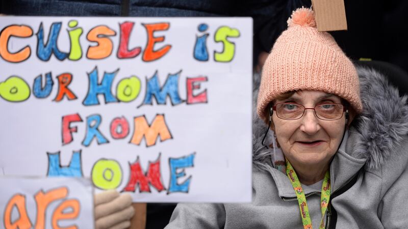 Carmel Hayden, from the CRC joined a protest outside Leinster House last week calling on Minister Finian McGrath to reverse the decision of the Irish Wheelchair Association to close Cuisle, Ireland’s national holiday and respite centre.  Photograph: Dara Mac Donaill/The Irish Times