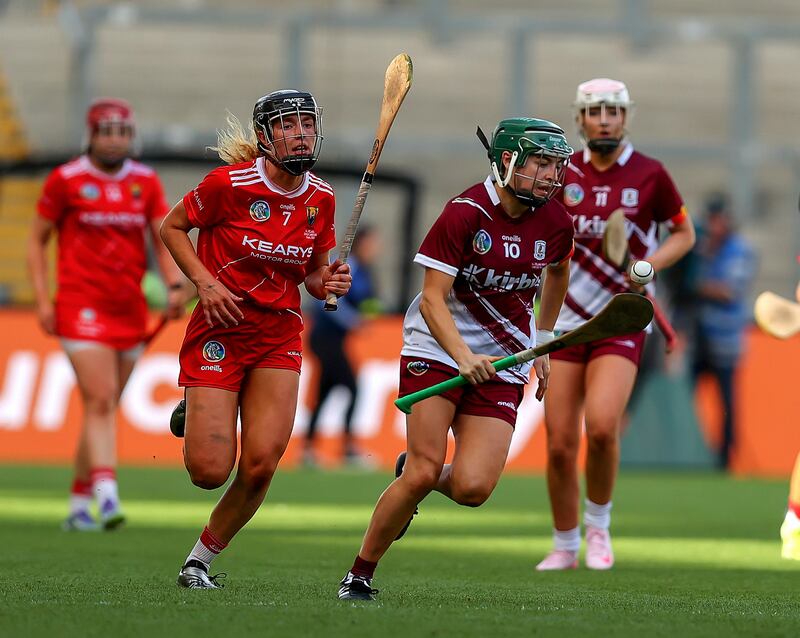 Galway's Niamh Mallon, right, and Cork’s Laura Hayes. Photograph: Tom O’Hanlon/INPHO