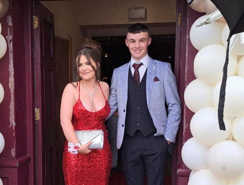 Kiea McCann, who died in Monday night’s crash in Co Monaghan, pictured with her date for the debs ball,  Oisín Clerkin (18) in Clones. Oisín shared the photograph, which was taken hours before the crash, on his Facebook page on Wednesday afternoon.