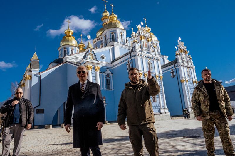 
US president Joe Biden and Ukrainian president Volodymyr Zelenskyy  at St.Michael’s Golden-Domed Monastery in Kyiv, the capital of Ukraine, in February. Photograph: Daniel Berehulak/New York Times
                      