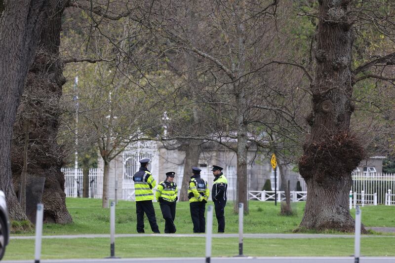 Gardaí at Dublin’s Phoenix Park on Tuesday as security measures are being ramped up ahead of the visit of US president Joe Biden. Photograph: Nick Bradshaw