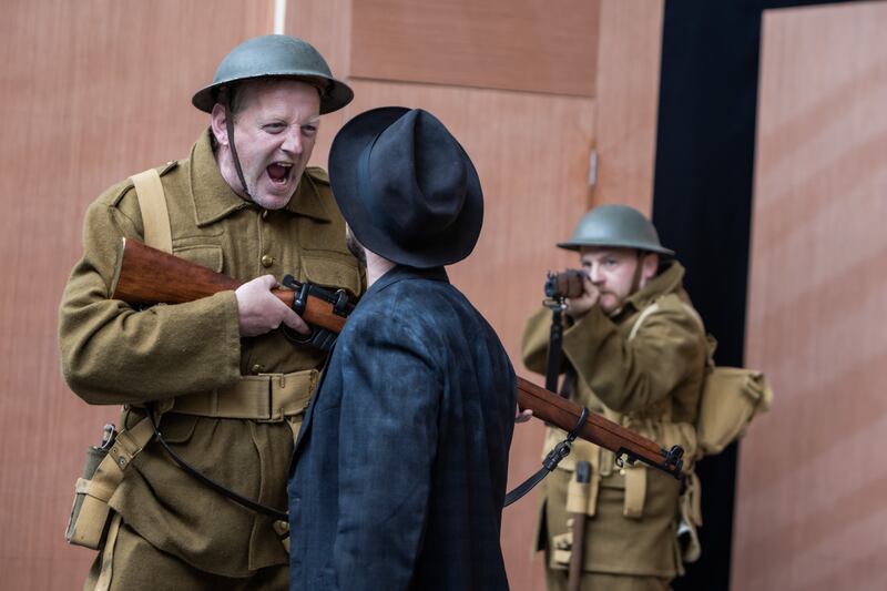 Seán Kearns, Aaron Monaghan and Robbie O'Connor in rehearsals for Plough and the Stars. Photograph: Ste Murray