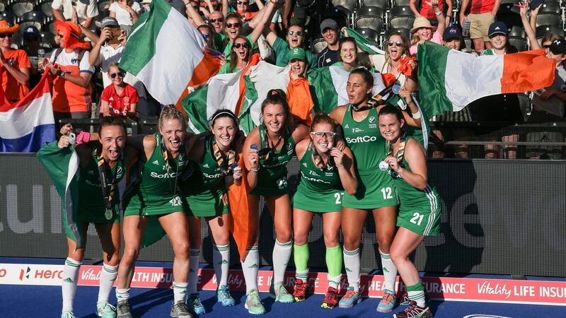 The Irish field hockey team celebrate with their silver medals  at the 2018 Women’s Hockey World Cup,  August  2018. Photograph: Daniel Leal-Olivas/AFP/Getty Images