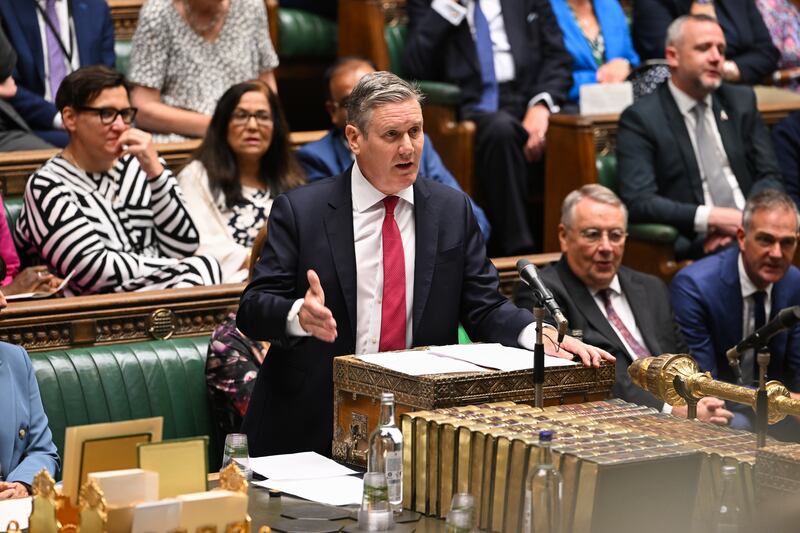 Labour leader Sir Keir Starmer speaking during Prime Minister's Questions in the House of Commons, London, during which he threw a few insults of his own back across the chamber, suggesting that Sunak was a 'cowboy builder'. Photograph: UK Parliament/Jessica Taylor/PA Wire 
