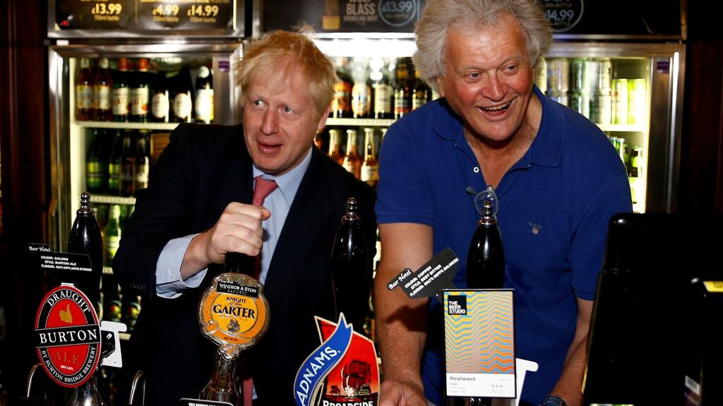 JD Wetherspoon chairman Tim Martin with Boris Johnson, then the Conservative leadership candidate, in July 2019. Photograph: Henry Nicholls/Reuters