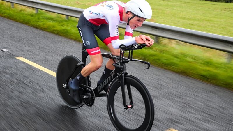 Conn McDunphy of CC Nugent Oise on his way to winning the mens senior title in the Cycling Ireland Time Trial Championships in Limerick last year. Photograph: Bryan Keane/Inpho