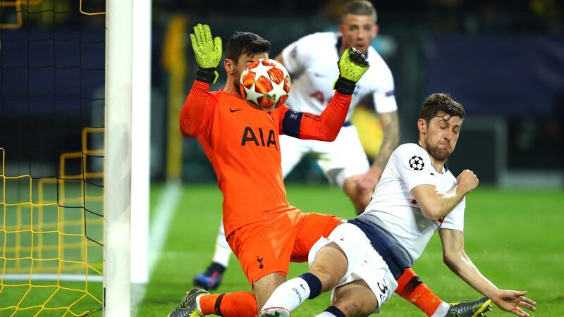 Tottenham Hotspur goalkeeper Hugo Lloris makes a save  during the Champions League round of 16 second leg against  Borussia Dortmund at  the Westfalen Stadium. Photograph: Dean Mouhtaropoulos/Getty Images