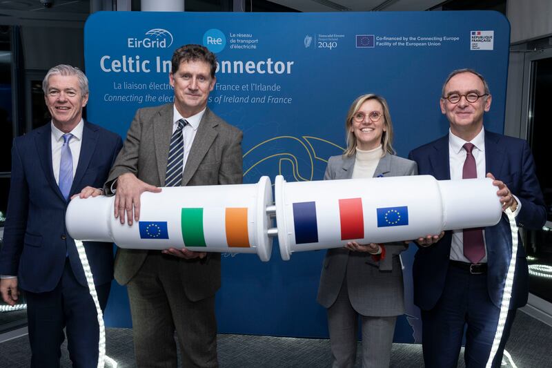 EirGrid chief executive Mark Foley, Minister for Environment Eamon Ryan, French minister of energy transition Agnès Pannier-Runacher and  Xavier Piechaczyk, president of the managing board of French grid operator RTE. Photograph: Shane O'Neill, Coalesce