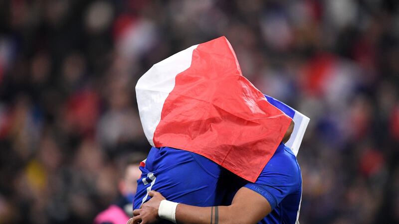 Peato Mauvaka and Gael Fickou celebrate after France beat New Zealand in November. Photo: Franck Fife/AFP via Getty Images