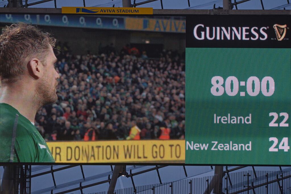 The scoreboard tells the story as Ireland lose to New Zealand at the Aviva in 2013 - it's not that long ago that it felt like every rugby game ended in heartbreak. Photograph: Eric Luke