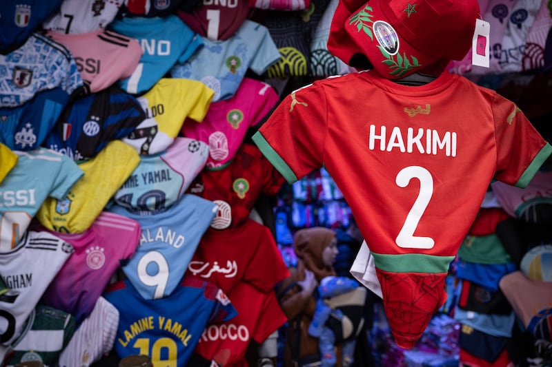 Morocco defender Achraf Hakimi's jersey is displayed in a shop in Rabat. Photograph: Sebastien Bozon/AFP via Getty