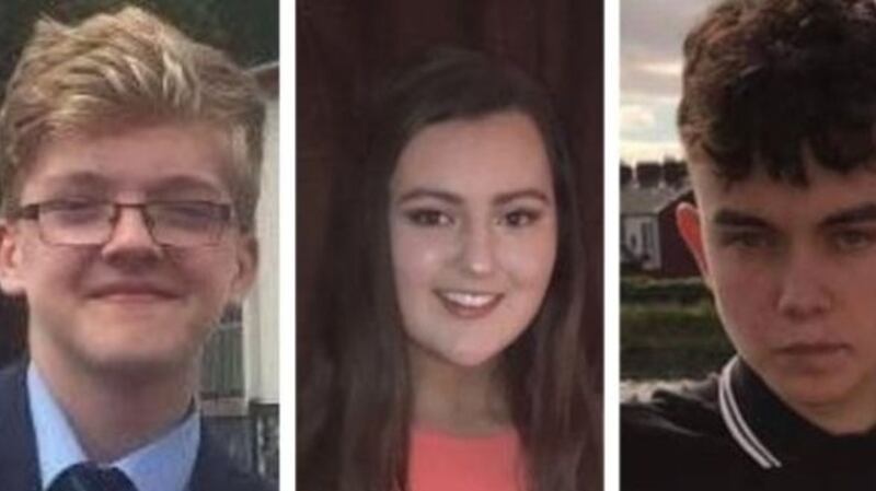 Morgan Barnard (left), Lauren Bullock and Connor Currie  who died outside a disco in Cookstown on St Patrick’s night.