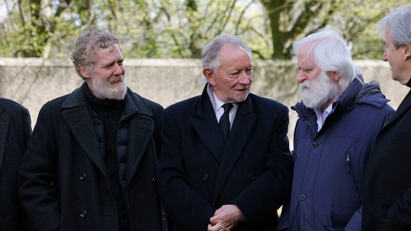 Glen Hansard, Phil Coulter and John Sheehan of the  Dubliners at the funeral of Pete St John. Photograph: Alan Betson