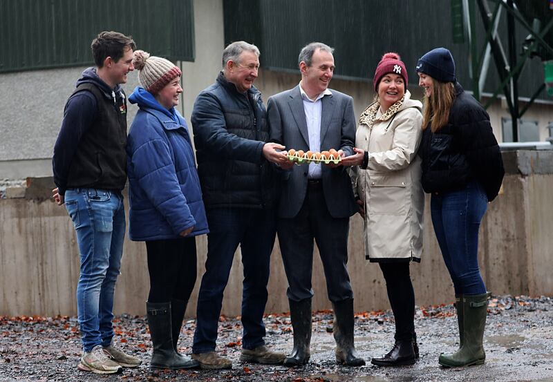 Pic: The Hughes family of LS Farms, a free-range egg producer in Co Monaghan with AIB business manager Leo Costello.
