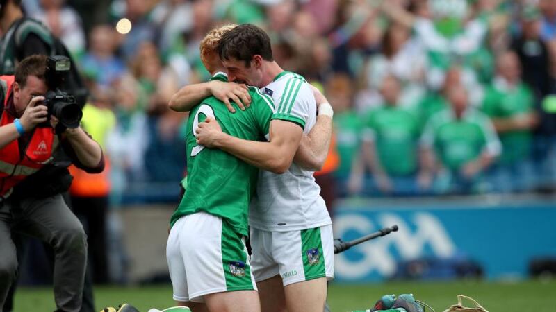 Limerick’s Cian Lynch and Nickie Quaid celebrate after their side’s All-Ireland Senior Hurling Championship final win at  Croke Park. Photograph: Bryan Keane/Inpho