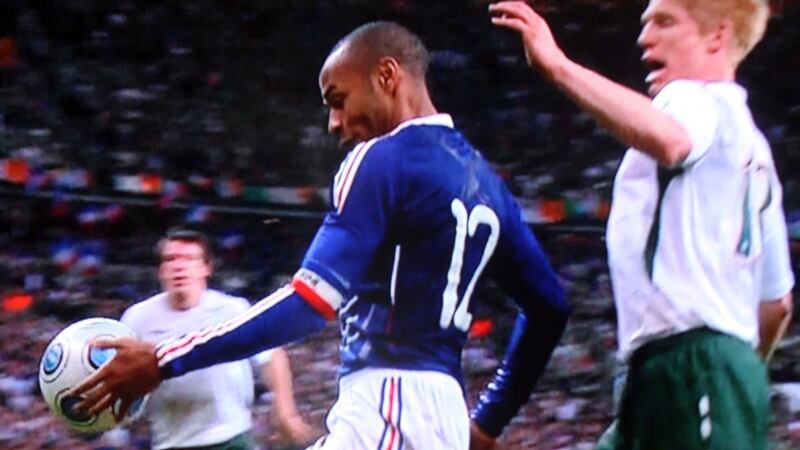 Thierry Henry handles the ball in the lead-up to William Gallas’s goal during the 2009 playoff against France in Paris. Photograph:  Sky Sports