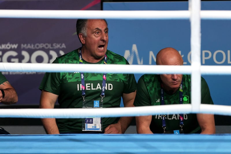 Team Ireland head coach Zauri Antia at the 2023 European Games in Poland cheering on Irish boxer Jude Gallagher. Photograph: Laszlo Geczo/Inpho