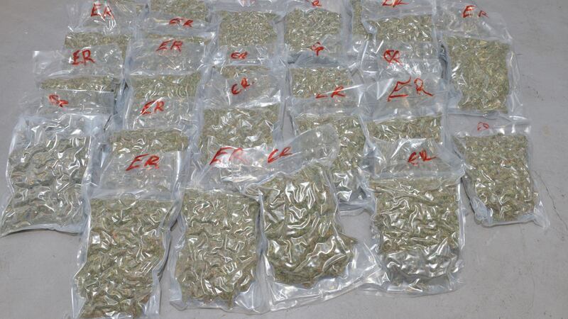 A handout photo issued by the PSNI ofherbal cannabis worth £300,000 which was  seized in Newtownabbey in March this year. Photograph: PA