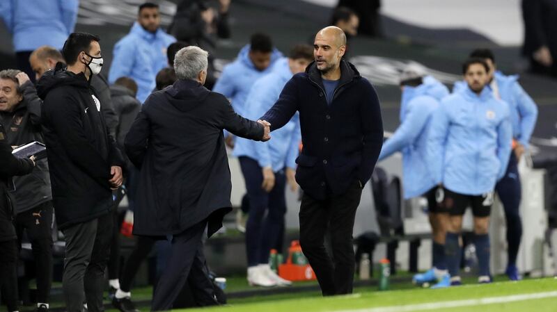 Pep Guardiola shakes hands with Tottenham Hotspur manager after the defeat at Tottenham Hotspur Stadium in November. Photograph:  Kirsty Wigglesworth/Getty Images