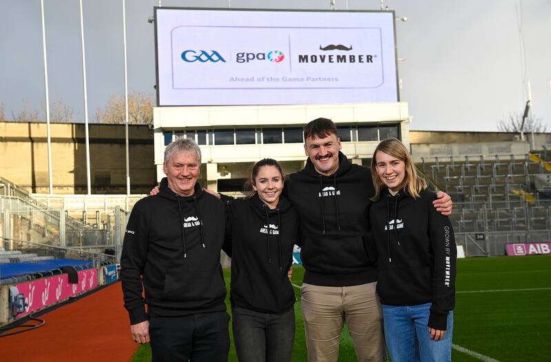 Iggy Clarke, Saoirse McCarthy, Domhnall Nugent and Mary Kate Lynch at Croke Park to launch the Movember Ahead of the Game’ campaign,  an evidence-based emotional literacy programme designed for delivery in a sports club setting. Photograph: David Fitzgerald/Sportsfile 