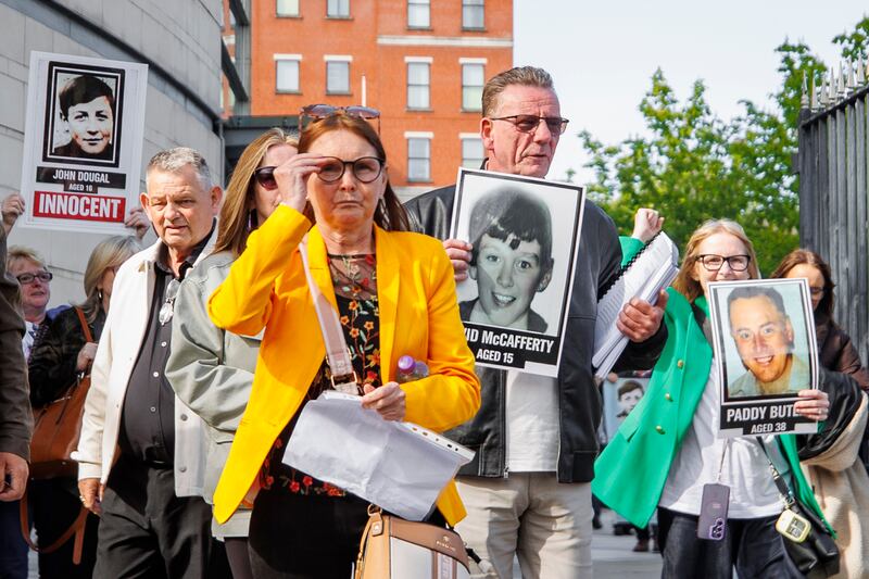 Relatives of the five people killed in the Springhill and Westrock areas in 1972, outside Belfast Coroner's Court on Thursday. Photograph: Liam McBurney/PA Wire