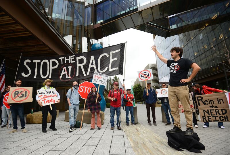 Protesters during a 'Stop the AI Race' demonstration in San Francisco on Thursday. Photograph: Karl Mondon/AFP via Getty Images