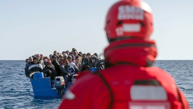 Migrants wait to be taken to the Spanish NGO Maydayterraneo’s Aita Mari rescue boat during the rescue of 65 migrants off the Libyan coast  on Monday. Photograph:   Pablo Garcia/AFP)