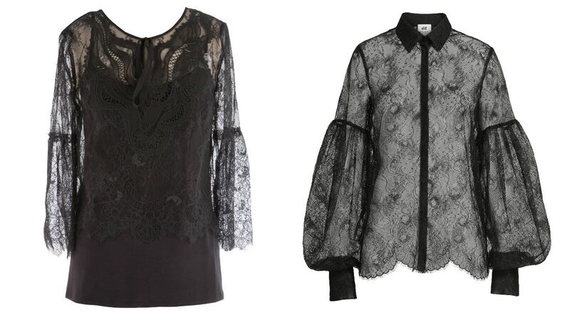 Elie Tahari Calista lace blouse for €352.83, left, and a lace bell sleeve blouse, for €49.95, from H&M.