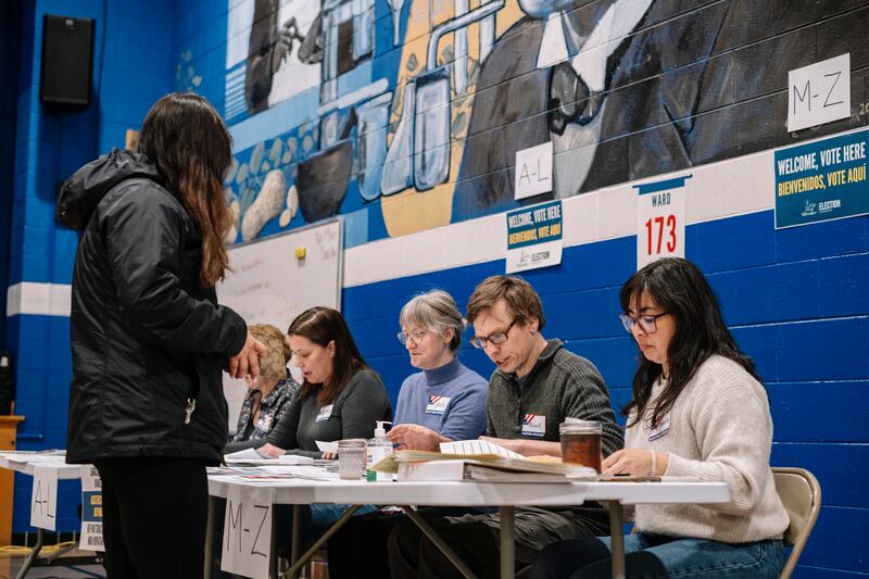A voter checks in at a polling station at the Carver Academy on primary election day in Milwaukee, Wisconsin on Tuesday. Photograph: Jim Vondruska/The New York Times 