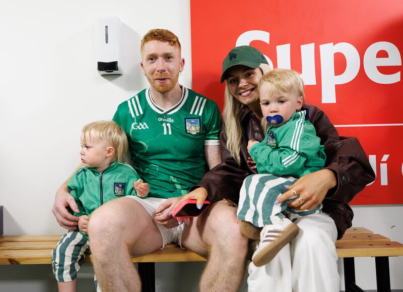 Cian Lynch with his partner Dayna Slattery and their twin sons CJ and Óige. Photograph: James Crombie/INPHO