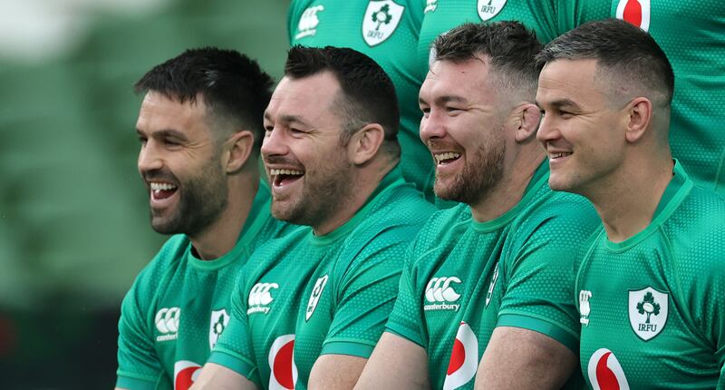 Conor Murray, Cian Healy and Peter O'Mahony pose for an Ireland team photo a few years back.  Not sure who the guy on the right is. Photograph: David Rogers/Getty Images