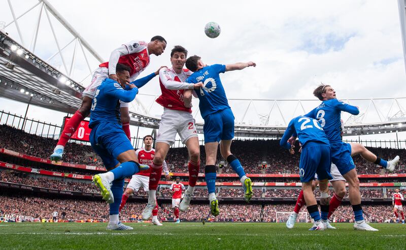 Arsenal's Kai Havertz and Gabriel compete for the ball from a corner during the Premier League game against Bournemouth in April. Photograph: Justin Setterfield/Getty Images