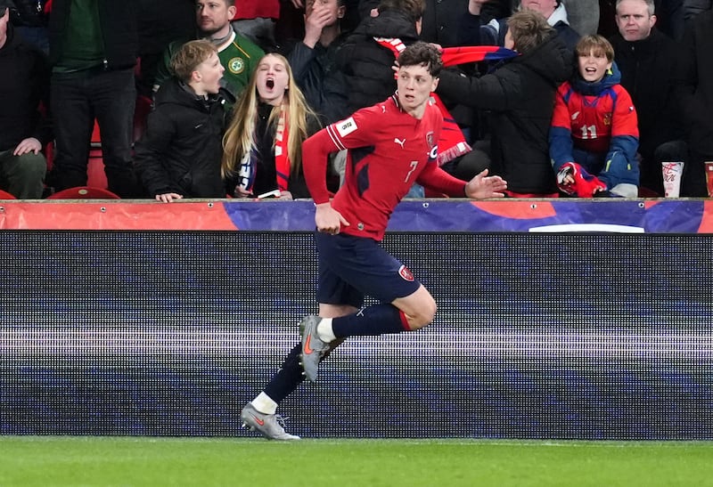 Ladislav Krejci celebrates scoring the Czech Republic's second goal in Prague. Photograph: Adam Davy/PA Wire