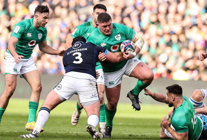 Ireland’s Tadhg Furlong: put in a monumental physical effort when you think it was his first match since December 3rd. Photograph: Billy Stickland/Inpho