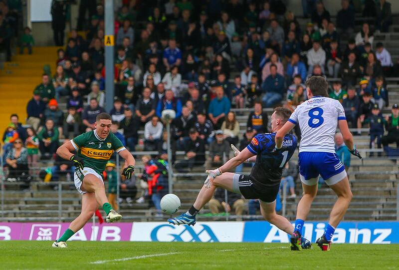 Monaghan goalkeeper Rory Beggan saves from Kerry's Joe O'Connor during the game at Fitzgerald Stadium. Photograph: Ken Sutton/Inpho